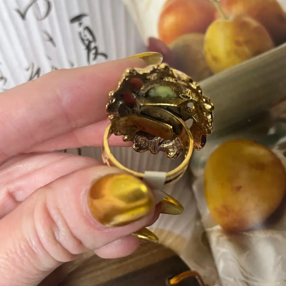 Vintage Gold Tone Ring with Light Green Resin Stone